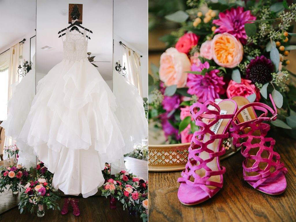 Wedding dress and Steve Madden fuchsia shoes